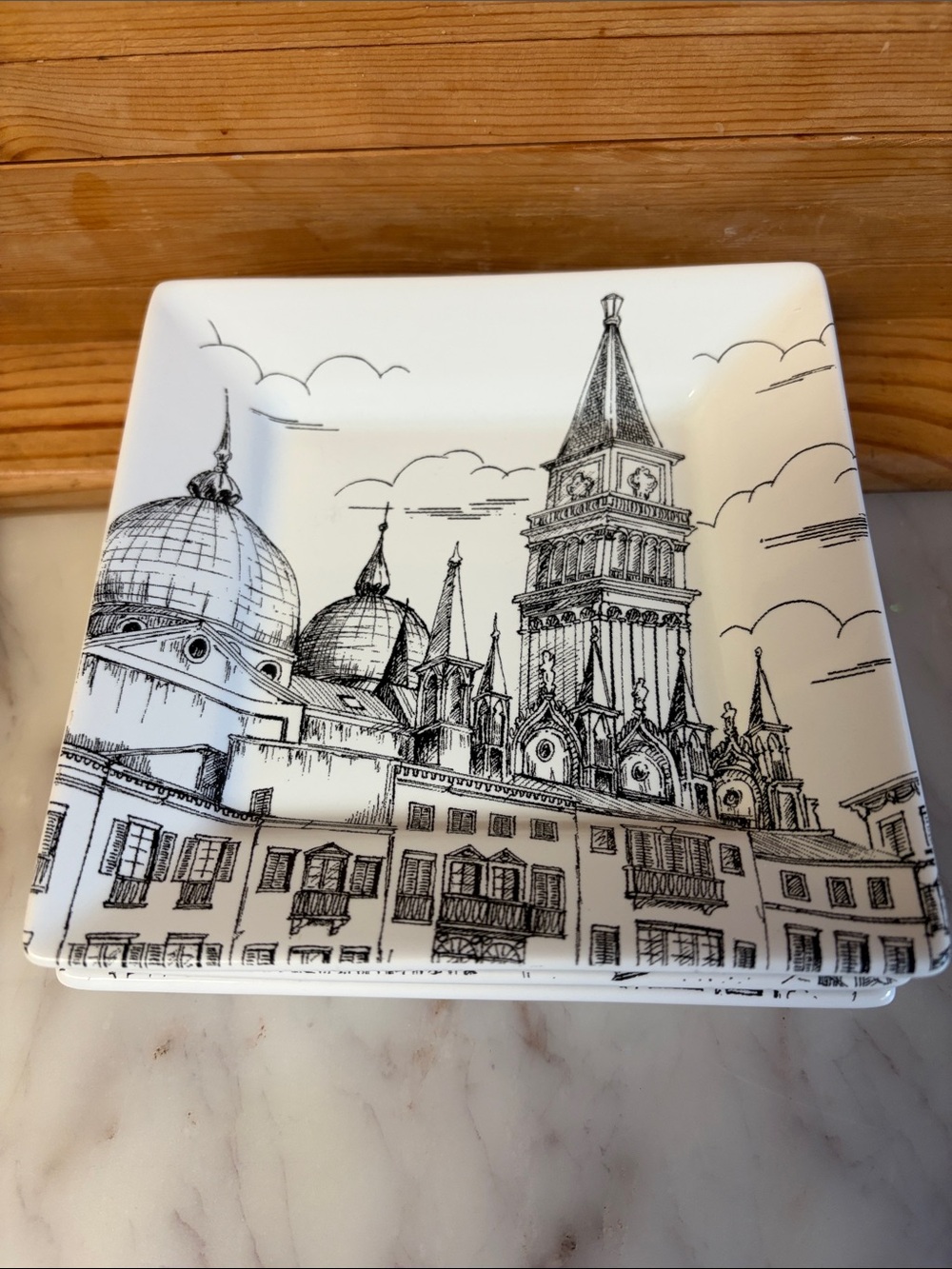 Three 222 Fifth White Ceramic Decorative Plate with Black Cityscape Illustration - Picture 1 of 7